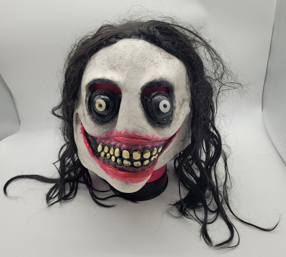 Spirit Grinning Demented Killer Mask Halloween Latex Black Hair Horror Cosplay